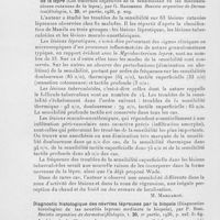 0412 - Page 412 - Analyses des principaux travaux reçus en janvier 1937. Les troubles objectifs de la sensibilité dans les manifestations cutanées de la lèpre (Los tratornos objectivos de la sensibilidad en las manifestaciones cutaneas de la lepra), par G. Basombrio revista argentina de dermatosifilologia, 1936 / Diagnostic histologique des névrites lépreuses par la biopsie (Diagnostico histologico de las neuritis leproso mediante la biopsia), par P. Bosc. Revista argentina de dermatosifilologia, 1936