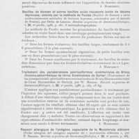 0414 - Page 414 - Analyses des principaux travaux reçus en janvier 1937. La réaction présomptive de Kahn dans le chancre mou (La reaccion presumtiva de Kahn en el chancro blando), par L. Jachesky. Revista argentina de Dermatosifilologia, 1936 / Bacilles de Hansen et autres bacilles acido résistants isolés de lésions lépreuses, colorés par la méthode de Fontès (Bacilos de Hansen y otros acidorresistentes asislados de lesiones leprosas, coloreados por el metodo de Fontes), par Delia de Loizaga. Revista argentina de dermatosifilologia, 1936 / Traitement des parakératoses psoriasiformes eczématisées de Brocq (Eczémaséborrhéique de Unna. Eczématides de Darier) (Tratamiento de las paraqueratosis psoriasiformes eczematizadas de Brocq (Eczema seborreico de Unna. Eczematides de Darier), par W. Morgan. Revista argentina de dermatosijilologia, 1936 / Pouvoir allergique de l'antigène capsulaire de la mycotorula albicans (Poder alergico del antigeno capsular de « mycotorula albicans », par P. Negroni. Revista argentina de dermatosifilologia