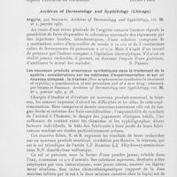 0418 - Page 418 - Analyses des principaux travaux reçus en janvier 1937. Syphilis médullaire à forme de myélite transverse, par C. A. Painchaud et S. Caron. Laval médical / Argyrie, par Stillians. Archives of dermatology and syphilology / Les nouveaux produits arsenicaux synthétiques dans le traitement de la syphilis; considérations sur les méthodes d'expérimentation et sur un nouveau composé : le triarsen (Newarsphedamine synthetics in treatment of syphilis ; a considération of test procedure and of a new drug : triarsen), par Stores et Beerman. Archives of dermatology and syphilology