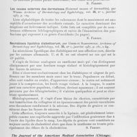 0419 - Page 419 - Analyses des principaux travaux reçus en janvier 1937. Les nouveaux produits arsenicaux synthétiques dans le traitement de la syphilis; considérations sur les méthodes d'expérimentation et sur un nouveau composé : le triarsen (Newarsphedamine synthetics in treatment of syphilis ; a considération of test procedure and of a new drug : triarsen), par Stores et Beerman. Archives of dermatology and syphilology / Les causes externes des dermatoses (External causes of dermatitis), par Weber. Archives of dermatology and syphilology / Necrobiosis lipoïdica diabeticorum, par Usher et Rabinowitch. Archives of dermatology and syphilology / Anhidrose acquise généralisée (General acquired anhidrosis), par Mogens Fog. The journal of the American medical Association, 19 décembre 1936
