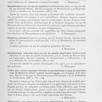 0427 - Page 427 - Analyses des principaux travaux reçus en janvier 1937. A propos de l'anatoxine staphylococcique (A proposito de la anatoxina eslafilococica), par Santome Hector. Revista uruguaya de dermatologia y sifilografia. Réunion du 18 nobembre 1936 / Considérations sur un cas de syphilis (Considerationes sobre un caso de sifilis, par Santome Hector. Revista uruguaya de dermatologia y sifilografia. Réunion du 18 nobembre 1936 / Gangrène cutanée (Gangrena cutanea), par R. Riveiro Rivera. Revista uruguaya de dermatologia y sifilografia. Réunion du 18 novembre 1936 / Radiothérapie indirecte dans un cas de pelade décalvante (Radioterapia indirecta en un caso de pelada decalvante), par G. Alonso de May et Nicolas Caubarrere. Revista uruguaya de dermatologia y sifilografia. Réunion du 16 décembre 1936 / Lichen plan cutané atypique simulant la parakératose à type de pityriasis rosé de Gibert et lichen typique bucco-lingual, par Gougerot et R. Burnier. Revista uruguaya de dermatologia y sifiliografia. Réunion du 16 décembre 1936 / Déformation des dermatoses par les médicaments, par Milian. Revista uruguaya de dermatologia y sifilografia. Réunion du 16 décembre 1936
