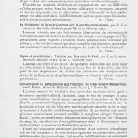 0480 - Page 480 - Analyses des principaux travaux reçus en février 1937. Epididymite blennorragique suppurée, par Chauvin. Marseille médical / Le traitement de la sclérodermie par la parathyroïdectomie, par F. Carcassonne. Marseille médical / Lèpre et prostitution à Tahiti et aux Iles-sous-le-Vent, par A. De Balmann. Marseille médical / Conservation du sang destiné aux réactions du type Bordet-Wasserman, par L. Boyer. Marseille médical