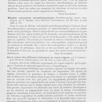 0523 - Page 523 - Analyses des principaux travaux reçus en février 1937. Tests in vitro sur la sensibilité des syphilitiques à la luétine (In vitro tests on the sensitivity to luetin in Syphilitics), par G. Boström (Stockholm). Acta Derrnato-Venereologica, août 1936 / Maladies articulaires parathérapeutiques (Paratherapeutic joints complains), par Genner. Acta Dermato-Venereologica, août 1936 / Sur la valeur des différents traitements du lupus vulgaire, par S. Lomholt. Acta Dermato-Venereologica, 4 août 1936