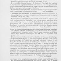 0524 - Page 524 - Analyses des principaux travaux reçus en février 1937. Sur la valeur des différents traitements du lupus vulgaire, par S. Lomholt. Acta Dermato-Venereologica, 4 août 1936 / La valeur clinique des épreuves dans l'eczéma expliquée, en prenant comme exemple l'idiosyncrasie au nickel (Der klinische wert der Ekzemproben, an der Nickelidiosynkrasie erläntert), par P. Bonnevie. Acta Dermato-Venertologica 4, août 1936 / Le traitement par l'antileprol en dermatologie (Antileprol treatment in dermatology), par S. Lomholt. Acta Dermato-Venertologica, septembre 1936 / Un cas de réticulose des ganglions lymphatiques régionaux associée à une affection cutanée, chronique (A case of reticulosis of the régional lymph glands in association with a chronic skin affection), par E. Hval (Oslo). Acta Dermato-Venereologica, septembre 1936 / Les risques et les complications associées dans la malariathérapie (Risks and complications associated with the malaria therapy), par G. Nordin. Acta Dermato-Venereologica, septembre 1936