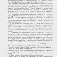 0596 - Page 594 - Analyses des principaux travaux reçus en mars 1937. Lésions osseuses et ulcères variqueux, par M. Tamponi. Archivio italiano di dermatologia, sifilografia e venereologia, 1937 / Sur quelques aspects peu connus de syphilis cutanée, par G. Sannicandro. Archivio italiano di dermatologia, sifilografia e venereologia, 1937