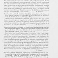 0719 - Page 715 - Analyses des principaux travaux reçus en mai 1937. Syndrome de Thibierge-weissenbach avec crises subintrantes d'acrosyncopes très améliorées après intervention sur la région parathyroïdienne, par Gilbert-Dreyfus, J. Weill et A. Mathivat. Bulletins et mémoires de la société médicale des hôpitaux, 1937 / Hypertension artérielle juvénile et syphilis camouflée, par M. Pinard et Mlle Corbillon. Bulletins et mémoires de la société médicale des hôpitaux, 1937 / Distension inspiratoire du coeur et dissociation respiratoire de la pression artérielle systolique dans un cas de sclérose pulmonaire syphilitique, par E. Rist. Bulletins et mémoires de la société médicale des hôpitaux, 1937 / Deux cas d'artérite oblitérante segmentaire des membres inférieurs précisés par l'artériographie et traités avec succès par l'artériectomie, par Ch. Flandin, Bazy, Poumeau-Delille et de Graciansky. Bulletins et mémoires de la société médicale des hôpitaux, 1937