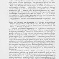 0724 - Page 720 - Analyses des principaux travaux reçus en mai 1937. La question des tuberculoses cutanées atypiques hématogènes (Tuberculose noueuse abcédante disséminée, tuberculose lichénoïde circinée, tuberculides des enfants, tuberculose papulo-pustuleuse, mastite tuberculeuse oblitérante) (Zur frage der atyptischen haematogenen hauttuber-kulosen (Tuberculosis nodosa abscedens disseminata, tbc. LichenoIdes circinata, tuberkulIde der kinder, tbc. Papulo-pustulosa, mastitis tuberculosa obliterans), par P. W. Schmidt. Archiv für dermatologie und syphilis, 1937 / Études sur l'hérédité des dermatoses. XII. L'anidrose hypotrichotique (Studien über vererbung von hautkraokheiten. XII. Anidrosis hypotrichotica), par H. W. Siemens. Archiv für dermatologie und syphilis, 1937