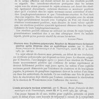 0824 - Page 820 - Analyses des principaux travaux reçus en juin 1937. Dispensaire antivénérien officiel de saragosse (Espagne). Résultats obtenus dans l'étude du pouvoir antigénique du sérum des malades atteints de lymphogranulomatose inguinale subaiguè, par E. De Gregorio. Revue française de dermatologie et de vénéréologie, 1937 / Chancre mou. Erythème polymorphe. Réaction de Wassermann fortement positive après Dmelcos chez un syphilitique ancien, par G. Milian. Revue française de dermatologie et de vénéréologie, 1937 / Livedo annularis toxique arsenical, par G. Milian. Revue française de dermatologie et de vénéréologie, 1937