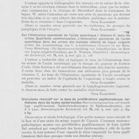 0902 - Page 898 - Analyses des principaux travaux reçus en juillet 1937. Sur l'élimination de l'acide ascorbique I. (Vitamine ci dans les urines. Première communication : la valeur de la vitamine C dans la tuberculose. Elimination des urines comme mesure de l'approvisionnement de l'organisme (Ueber die ausscheidung de Askarbinsäure (Vitamin c) im harn-erste mitteilung : die bedeutung des c. Vitamins für die tuberkulose. Harnausscheidung als massttab für die vitamin c. Versorgung des organismus), par E. Wernick, Düsseldorf. Dermatologische zeitschrift, 1937 / Sur l'élimination spontanée de l'acide ascorbique i (Vitamin g) dans les urines. Quatrième communication. L'élimination spontanée de l'acide ascorbique dans les urines des malades atteints de lupus vulgaire (Ueber die ausscheidung von Ankorbinsäure (Vitamin c) im harn. Vierte milteilung : die spontanausscheidüng von askorbinsâure im harn von lupus vulgaris-kranken) par E. Wernick, Düsseldorf. Dermatologische zeitschrift, 1937 / Granulome résorptif sur la base de proliférations papillomateuses épithéliales dans les kystes épidermoïdes (Resorptionsgranulom auf grund-lage papiliomatôser epithelwucheruogen in epIdermoidzysten), par F. Lang. Dermatologische zeitschrift, 1937 / Acrodermatite continue d'hallopeau et psoriasis pustuleux (Acrodermatitis continua hallopeau und psoriasis pustulosa), par F. Kogoj. Dermatologische zeitschr, 1937