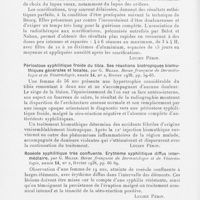 0613 - Page 604 - Analyses des principaux travaux reçus en mars 1938. Le traitement du lupus vorax et du lupus des orifices par les scarifications et la radiothérapie combinées, par R. J. Weissenbach et P. Fernet. Revue française de dermatologie et de vénéréologie, 1938 / Périostose syphilitique froide du tibia. Ses réactions biotropiques bismuthiques générales et locales, par G. Milian. Revue française de dermatologie et de vénéréologie, 1938 / Roséole syphilitique très confluente. Erythème syphilitique diffus intermédiaire, par G. Milian. Revue française de dermatologie et de vénéréologie., 1938 / Erythème streptococcique scarlatiniforme généralisé au cours du traitement par le 914, par G. Milian et L. Lafourcade. Revue française de dermatologie et de vénéréologie, 1938