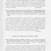 1002 - Page 991 - Analyses des principaux travaux reçus en juillet 1938. Chancres syphilitiques atypiques, chancres nains, chancres géants, chancres multiples, par P. Blum. Annales des maladies vénériennes, 1938 / Lésion tuberculo-ulcéreuse circinée de la face avec Bordet-Wassermann positif. Guérison rapide par Un arsénobenzène ; hybride syphilo-tuberculeux ? par H. Gougerot, Loze, Bernard Dreyfus (Histologie par Mlle Eliascheff). Annales des maladies vénériennes, 1938 / Fièvre éruptive (Dengue, rougeole, rubéole ?). En réalité toxicodermie médicamenteuse complexe : arsenic pentavalent et dérivé sulfamidique, par G. Blechmann et R. Ch. François. Archives de médecine des enfants, 1938