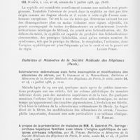 1003 - Page 992 - Analyses des principaux travaux reçus en juillet 1938. Prurit et syphilis, par G. Milian. Bulletin de l'académie de médecine, 1938 / Sclérodermie oedémateuse avec forte éosinophilie et modifications des albumines du sérum, par E. Donzelot et A. Meyer-Heine. Bulletins et mémoires de la société médicale des hôpitaux de Paris, 1938 / A propos de la présentation de malades de Mm. R. Debré et Ph. Seringe : cirrhose hépatique familiale avec ictère. L'origine syphilitique de certaines cirrhoses infantiles, par M. Pinard. Bulletins et mémoires de la société médicale des hôpitaux de Paris, 1938