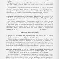 1005 - Page 994 - Analyses des principaux travaux reçus en juillet 1938. Sur un nouveau milieu de conservation pour les dermatophytes, par L. Grigoraki. Comptes rendus de la société de biologie, 1938 / Caractères biochimiques des champignons des teignes, par L. Grigoraki et R. David. Comptes rendus de la société de biologie, 1938 / A propos du traitement des radiodermites, par Morel-Kahn. La presse médicale, 1938 / Chancres syphilitiques du col de l'utérus accompagnés d'adénopathie pelvienne satellite nettement perceptible au toucher vaginal, par Cl. Simon. La presse médicale, 1938