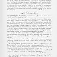 1006 - Page 995 - Analyses des principaux travaux reçus en juillet 1938. Chancres syphilitiques du col de l'utérus accompagnés d'adénopathie pelvienne satellite nettement perceptible au toucher vaginal, par Cl. Simon. La presse médicale, 1938 / Le cytodiagnostic du cancer, par Montpellier, Fabiani et Cohen-Solal. Algérie médicale, 1938 / Adénomes sébacés symétriques de la face, par M. Lefranc. Algérie médicale, 1938