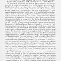 0124 - Page 122 - Analyses. 4v. — Tuberculose. A. Saenz et G. Canetti. — Les propriétés pathogènes des bacilles tuberculeux morts, enrobés dans l'huile de vaseline et injectés par Voie testiculaire. Leur apport aux notions de spécificité et de virulence du bacille tuberculeux. Annales de l'Institut Pasteur, 1940 / R. Laporte. — Contribution à l'étude des bacilles paratuberculeux. Propriétés pathogènes. Annales de l'Institut Pasteur, 1940. — Histo-cytologie des lésions paratuberculeuses. Annales de l'Institut Pasteur, 1940