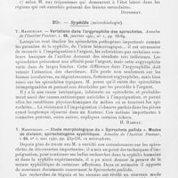 0147 - Page 145 - Analyses. 20d. — Syphilis (Étiologie). G. C. Higoumenakis. — Contribution to the study of traumatic syphilis (Contribution à l'étude de la syphilis traumatique). Indian J. of Venereal diseases, 1939 / 20e. — Syphilis (Microbiologie). Y. Manouelian. — Variations dans l'argyrophilie des spirochètes. Annales de l'Institut Pasteur, 1941 / Y. Manouelian. — Etude morphologique du « Spirocheta pallida ». Modes de division, spirochétogène syphilitique. Annales de l'Institut Pasteur, 1940