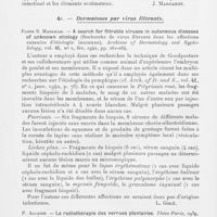 0216 - Page 214 - Analyses. 4o. — Dermatoses par Protozoaires. L. E. Pierini et J. M. Borda. — Amebiasis y dermatosis (Etiologia de algunos casos de eczema numular) (Amibiase et dermatoses) (Etiologie de quelques cas d'eczéma nummulaire). Revista argentina de derrmato sifilologia, 1939 / 4r. — Dermatoses par Virus filtrants. Floyd S. Markham. — A search for filtrable viruses in cutaneous diseases of unknown etiology (Recherche de virus filtrants dans les affections cutanées d'étiologie inconnue). Archives of dermatology and syphilology, 1940 / P. Allaire. — La radiothérapie des verrues plantaires. Thèse Paris, 1939