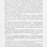 0218 - Page 216 - Analyses. 4t. — Dermatoses par Cocci. R. Kourilsky et P. Mercier. — Etude expérimentale sur les variations du pouvoir pathogène du staphylocoque. Comptes rendus des séances de la société de biologie, 1941 / H. Jausion. — Les cycles du staphylocoque et du streptocoque, déduits des pyodermites de guerre. Bulletins et mémoires de la société médicale des hôpitaux de Paris, 1940