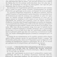 0400 - Page 398 - Analyses. 20h. — Syphilis (Biologie). J. E. Moore. — Unsolved clinical problems of syphilology (Problèmes cliniques non résolus de syphiligraphie). American journal of syphilis, gonorrhea and venereal diseases, 1939 / C. Levaditi. — L'état de prémunition antisyphilitique est-il dû à la présence d'anticorps virulicides dans les humeurs des animaux prémunis ?Comptes rendus des séances de la société de biologie, 1941