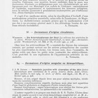 0049 - Page 47 - Analyses. Troubles de la nutrition. D. S. Mitchell. — Xanthomatosis (Schüller-Christian Disease). Americ. Derm. Assoc. Clinic. Meet. Quebec, in arch. of derm. And syph, février 1940 / L. Szodoray. — Fibroxanthomatosis. Société hongroise de Dermatologie, in Dermatologische Wochenschrift, 30 novembre 1940 / Dermatoses d'origine circulatoire. Wiedmann. — Die Arteriolosklerose der Haut (La sclérose des artérioles de la peau). Wiener dermatologische Gesellschaft, Dermatologische Wochenschrift, 20 mars 1941 / Dermatoses d'origine sanguine ou hémopoïétique. J. J. M. Govern. — Hemolytic jaundice with ulcération of the skin (Ictère hémolytique avec ulcération de la peau). Americ. Derm. Assoc. Clinic. Meet. Quebec, in arch. of derm. And syph, février 1940