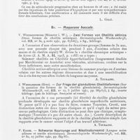 0059 - Page 57 - Analyses. Sclérodermie. J. H. Swartz. — Scleroderma (Progressive type). New Engl. Derm. Soc. Boston, in Arch. of Derm. And Syph. Février 1940 / Muqueuse buccale. Wucherpfennig (Munster I. W). — Zwei Formen von Cheilitis aktinica (Deux formes de cheilite actinique). Dermatologische Wochenschrift, 9 août 1941 / J. Wendlberger (Graz). — Zur Frage der glandulären cheilitisformen (Sur la question des formes de la cheilite glandulaire). Dermatologische Wochenschrift, 5 juillet 1941 / P. Karbe. — Schwarze Haarzunge und Nikotinsäureamid (Langue noire pileuse et amide nicotinique). Dermatologische Wochenschrift, 27 juillet 1940 / Hofbauer. — Glossitis Möller. Wiener dermatologische Gesellschaft, in Dermatologische Wochenschrift, 23 novembre 1940