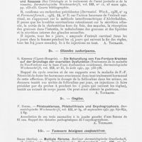 0061 - Page 59 - Analyses. Appareil pilo-sébacé. W. Gent (Göttingen). — Acne conglobata. Dermatologische Wochenschrift, 9 novembre 1940 / H. Ritter (Hambourg). — Zur Aetiologie und Therapie der Acne juvenilis und Rosaceae (Sur l'étiologie et le traitement de l'acné juvénile et de la rosacée). Dermatologische Wochenschrift, 23 mars 1940 / Glandes sudoripares. G. Kertesz (Ujpest-Hongrie). — Die Behandlung von Fox-Fordyce-Kranken auf der Grundlage der ovariellen Dysfunktion (Traitement de la maladie de Fox-Fordyce sur la base d'une dysfonction ovarienne). Dermatologische Wochenschrift, 30 août 1941 / Ongles. F. Dietel. — Phlebosklerose, Phlebolithiasis und Onychogryphosis. Dermatologische Wochenschrift, 28 septembre 1940 / Tumeurs bénignes conjonctives. Boldt (Berlin). — Multiple fibrome. Berliner dermatologische Gesellschaft, in Dermatologische Wochenschrift, 25 novembre 1939