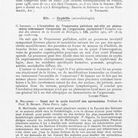 0078 - Page 76 - Analyses. Syphilis (Sociologie). H. Münsterer. — Untersuchungen zur syphilitischen Durchseuchung von Strafgefangenen (Enquêtes sur la syphilis parmi les détenus). Archives für Dermat. U. Syph., in Dermatologische Wochenschrift, 25 novembre 1939 / Syphilis (Microbiologie). C. Levaditi. — L'involution du Treponema pallidum est-elle un phénomène intéressant l'ensemble de l'organisme contaminé ? Comptes rendus des séances de la Société de Biologie, juillet 1941 / R. Mollinedo. — Essai sur le cycle évolutif des spirochètes. Préface du Prof. E. Brumpt. Thèse Paris, 1942