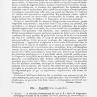 0079 - Page 77 - Analyses. Syphilis (Microbiologie). R. Mollinedo. — Essai sur le cycle évolutif des spirochètes. Préface du Prof. E. Brumpt. Thèse Paris, 1942 / Syphilis (Séro-diagnostic). C. Marchi. — La réaction chromatique de Ide (R) pour le diagnostic sérologique rapide de la syphilis. Giornale italiano di Dermatologia e Sifilologia, avril 1940