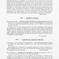 0080 - Page 78 - Analyses. Syphilis (Séro-diagnostic). C. Marchi. — La réaction chromatique de Ide (R) pour le diagnostic sérologique rapide de la syphilis. Giornale italiano di Dermatologia e Sifilologia, avril 1940 / Syphilis tertiaire. Hofbauer. — Mycosis-fungoïdes-ähnliches Spätsyphilid (Syphilides tardives de type mycosis fongoïde). Wiener dermatologische Gesellschaft, 15 mai 1941, in Dermatologische Wochenschrift, 27 septembre 1941 / Syphilis de l'appareil digestif. J. Etienne et G. Blaquière. — La syphilis gastrique. Gazette des Hôpitaux, 13-16 août 1941 / W. G. Morgan. — Syphilis of the stomach (Syphilis de l'estomac). The Urologic and Cutaneous Review, août 1940