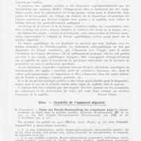 0211 - Page 209 - Analyses. Syphilis tardive. G. Milian. — Les stigmates de la syphilis occulte. Bulletin de l'Académie de Médecine, 2 septembre 1941 / Syphilis de l'appareil digestif. H. Curschmann. — Ueber das Pseudo-bantisyndrom bei erworbener Lues (Du pseudosyndrome de Banti dans la syphilis acquise). Klinische Wochenschrift, d'après Dermatologische Wochenschrift, 15 novembre 1941