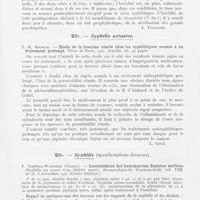 0213 - Page 211 - Analyses. Syphilis nerveuse. H. Marlot. — Hérédité similaire dans la paralysie générale. Thèse Paris, 1941. M. L. Poincet. — A propos de deux cas d'hypertension artérielle syphilitique. Thèse de Paris, 1941 / Syphilis urinaire. Y. H. Bruneau. — Étude de la fonction rénale chez les syphilitiques soumis à un traitement prolongé. Thèse de Paris, 1941 / Syphilis (Manifestation diverses. F. Schürer-Waldheim. — Luesinfektion bei bestehendem Diabetes mellitus (Syphilis au cours d'un diabète sucré). Dermatologische Wochenschrift, 8 novembre 1941