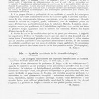 0216 - Page 214 - Analyses. Syphilis (Accident de l'arsénothérapie). P. D. Rosahn. — Fatal hemorrhagic encephalitis following arsenical treatment of syphilis : report of two case with autopsie findindgs (Encéphalite hémorragique mortelle à la suite du traitement arsenical de syphilis : deux cas avec autopsie). The Urolongic and Cutaneous Review / Syphilis (Accident de la bismuthothérapie). Couturat. — Les sciatiques consécutives aux injections intrafessiéres de bismuth. La Presse Médicale, 2-5 avril 1941