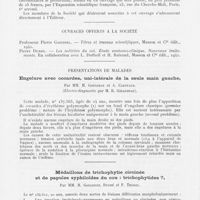 0218 - Page 216 - Société française de dermatologie et de syphiligraphie. Séance du 12 mars 1942. Ouvrages offerts à la société / Présentations de malades. Engelure avec cocardes, uni-latérale de la seule main gauche, par Mm. H. Gougerot et A. Carteaud / Médaillons de trichophytie circinée et de papules syphiloïdes du cou : trichophytides ?, par Mm. H. Gougerot, Duché et F. Thorel