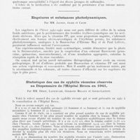 0224 - Page 222 - Société française de dermatologie et de syphiligraphie. Séance du 12 mars 1942. Présentations de malades. Dermatoses infectées et sulfamides, par Mm. Jausion, Calop et Chalopin / Engelures et substances photodynamiques, par Mm. Jausion, Giard et Calop / Statistique des cas de syphilis récentes observés au Dispensaire de l'Hôpital Broca en 1941, par Mm. Dérot, Lafourcade, Germaine Millaut et Godry-Laffont