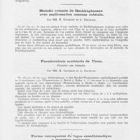 0501 - Page 499 - Société française de dermatologie et de syphiligraphie. Séance du 10 décembre 1942. Présentation de malades. Mélanodermie phtiriasique réticulée avec leucodermie ponctuée et linéaire périfolliculaire, par Mm. H. Gougerot et A. Carteaud / Maladie cutanée de Recklinghausen avec malformation osseuse cubitale, par Mm. H. Gougerot et A. Carteaud / Parakeratosis scutularis de Unna, par Mm. H. Gougerot et A. Carteaud / Forme verruqueuse du lupus exanthématique à évolution prolongée, par Mm. A. Sézary et P. Vermenouze