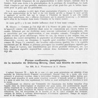 0110 - Page 108 - Société française de dermatologie et de syphiligraphie. Séance du 8 avril 1943. Présentation de malades. Pigmentation cervico-faciale (Mélanose de Riehl), par M. Georges Garnier / Forme confluente, pemphigoïde, de la maladie de Dühring-Brocq, chez une fillette de onze ans, par Mm. R.-J. Weissenbach et P. Fortin