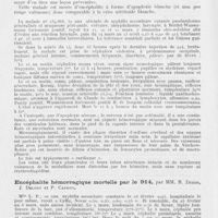 0200 - Page 198 - Société française de dermatologie et de syphiligraphie. Séance du 10 juin 1943. Communications. Mort par Encéphalite, apoplexie arsenicale « blanche », par Mm. H. Gougerot, B. Duperrat, Piguet et Brault / Encéphalite hémorragique mortelle par le 914, par Mm. R. Degos, J. Delort et P. Capron