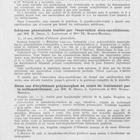 0093 - Page 91 - Société française de dermatologie et de syphiligraphie. Séance du 3 mars 1944. Ichtyose généralisée traitée par la parathyroïdectomie, par Mm. M. Derot, L. Lafourcade et Yves Bourdy / Ichtyose généralisée traitée par l'énervation sinu-carotidienne, par Mm. M. Derot, L. Lafourcade et Mme Th. Boreau-Monghal / Deux cas d'érythèmes polymorphes en cours de traitement par le sulfamidothiazol, par Mm. M. Derot, L. Lafourcade et Mme Boreau-Monghal / Statistique des cas de syphilis récente observés pendant l'année 1943 à la Clinique dermatologique et au Service des prostituées hospitalisées, par Mm. Nanta et Laurentier