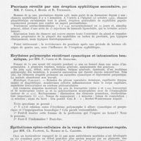 0324 - Page 322 - Société française de dermatologie et de syphiligraphie. Séance du jeudi 14 décembre 1944. Kraurosis pénis à son début ? Scléro-atrophie de l'anneau préputial. Lésion érythémateuse fixe du gland, par Mm. R. Degos, J. Delort et J. Hewitt / Psoriasis réveillé par Une éruption syphilitique secondaire, par Mm. F. Coste, J. Boyer et R. Tourneur / Érythème polymorphe récidivant cyanotique et intoxication benzolique, par Mm. F. Coste et M. Gaultier / Épithélioma spino-cellulaire de la verge à développement rapide, par Mm. Ch. Flandin, L. Richou et L. Caldier