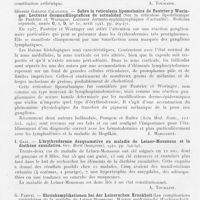0038 - Page 36 - Analyses. 6e. — Erythrodermies. R. Richter (Prague). — Zur Klinik der generalisierten exfolierenden Erythrodermien (Mit besonderer Berücksichtigung der sekundären Erythrodermien) (Sur la clinique des érythrodermies exfoliatrices généralisées, avec considérations particulières sur les érythrodermies secondaires). Archiv für Dermatologie und Syphilis, 23 décembre 1939 / Silverio Gallego Calatayud. — Sobre la reticulosis lipomelanica de Pautrier y Woringer. Lecturas dermosifiliograficas de actualidad (Sur la réticulose lipomélanique de Pautrier et Woringer. Lectures dermato-syphiligraphiques d'actualité). Medicina espanola, avril 1943 / Gaal. — L'érythrodermie desquamative ou maladie de Leiner-Moussous et la diathèse exsudative. Orv. Hetil (Hongrois), 1942 / G. Fabinyi. — Ohrenkomplikationen bei der Leinerschen Krankheit (Les complications auriculaires de la maladie de Leiner-Moussous). Wiener medizinische Wochenschrift, 1943