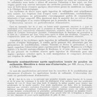 0096 - Page 94 - Société française de dermatologie et de syphiligraphie. Séance du 8 mars 1945. Erythème morbilliforme avec conjonctivite après ingestion de sulfamide. Poursuite du traitement. Guérison, par Mm. Joulia, Fallot et L'Epée / Dermite eczématiforme après application locale de poudre de sulfamide. Récidive à deux ans d'intervalle, par Mm. Joulia, Fallot et L'Epée / Dermite polymorphe après application locale de poudre de sulfamide. Reproduction expérimentale, par Mm. Joulia, Fallot et L'Epée