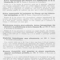 0103 - Page 101 - Société française de dermatologie et de syphiligraphie filiale lyonnaise. Séance du 19 avril 1945. Scrofuloderme chez une syphilitique ; apparition de lupomes au cours du traitement de Charpy, par Mm. H. Thiers, J. Racouchot et Favre-Gilly / Erythème polymorphe bulleux avec localisations muqueuses. Action thérapeutique des aérosols à la sulfathiourée et de la vitamine B2, par Mm. H. Thiers, J. Racouchot et Favre-Gilly / Action remarquable du traitement de Charpy sur une tuberculose verruqueuse, par Mm. H. Thiers, J. Racouchot et Favre-Gilly / Ectodermose érosive pluri-orificielle. Action thérapeutique des aérosols à la sulfathiourée et de la vitamine B2, par Mm. H. Thiers, J. Racouchot et Favre-Gilly / Néphrites bismuthiques sans albuminurie, par Mm. J. Thiers, J. Racouchot et Favre-Gilly / Purpura rhumatoïde avec gangrène en plaque superficielle. Appoint scorbutique probable, par Mm. H. Thiers, J. Racouchot et Favre-Gilly