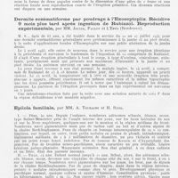 0198 - Page 192 - Société française de dermatologie et de syphiligraphie. Séance du 14 juin 1945. Dermite à type d'eczéma et de dyshidrose après applications locales de sulfamide en poudre. Présence de sulfamide dans les urines. Intradermo-réaction positive avec réaction focale, par Mm. Joulia, Fallot, L'Epée / Dermite eczématiforme par Poudrage à l'Exoseptoplix. Récidive 9 mois plus tard après ingestion de Rubiazol. Reproduction expérimentale, par Mm. Joulia, Fallot et L'Epée / Epiloïa familiale, par Mm. A. Touraine et H. Ruel