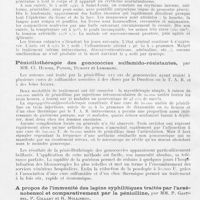 0312 - Page 296 - Société française de dermatologie et de syphiligraphie. Séance du 8 novembre 1945. Mort par Teinture du coiffeur, par Mm. H. Gougerot et Sclafer / Pénicillothérapie des gonococcies sulfamido-résistantes, par Mm. Cl. Huriez, Patoir, Dumont et Leborgne / A propos de l'immunité des lapins syphilitiques traités par l'arsé-nobenzol et comparativement par la pénicilline, par Mm. P. Gastinel, P. Collart et R. Mollinedo