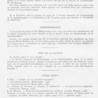 0324 - Page 308 - Société française de dermatologie et de syphiligraphie. Séance du 13 décembre 1945. Nécrologie. Pierre Lanzenberg / Correspondance / Voeu de la société / Livres reçus / Élections