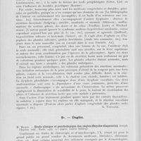 0036 - Page 32 - Analyses. 9b. — Glandes sudoripares. R. Brenning. — Untersuchungen an einer patientin mit anhidrosis, unfähigkeit nach entbindung milch zu sezernieren, und abnormen reaktionen der hautgefässe unter besonderer berücksichtigung der wärmeregulation (Recherche sur une femme atteinte d'anidrose ; absence de sécrétion lactée après l'accouchement ; réactions anormales des vaisseaux de la peau ; considérations sur la régulation thermique). Acta medica scandinavia, 30 sept. 1940 / 9c. — Ongles. H. Mangin. — Etude clinique et psychologique des ongles (Onycho-diagnostic). Joseph-Charles. Édit. Paris, 1944