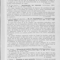 0037 - Page 33 - Analyses. 9c. — Ongles. H. Mangin. — Etude clinique et psychologique des ongles (Onycho-diagnostic). Joseph-Charles. Édit. Paris, 1944 / Ch. Du Bois. — Onychomycoses non teigneuses. Dermatologica (Bâle), 1942 / A. Et R. Sartory et E. Bouteille. — Un cas d'onychomycose à « sterigmatocystis nidulans » eidam. Bulletin de l'académie de médecine, séance du 16 mars 1943 / W. Stalder. — Koilonychie mit familiärer disposition in drei generationen (Koilonychie familiale en 3 générations). Dermatologica (Bâle), octobre-novembre 1942 / J. Wickes. — Treatment of severe paronychia (Traitement du panaris peri-ungueal grave). British medical journal, 1er sept. 1945