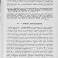 0039 - Page 35 - Analyses. 10e. — Tumeurs glandulaires. Mayer. — Zur histologie der hidroadenome (Sur l'histologie de l'hidradénome). Frankfurter zeitschrift für pathologie, 1941 / Paul Balog. — Beitrag zur frage der Schweissdrüsenadenoma. Adenoma hidradenoïdes parenchymatosa cum lymphostasi (Contribution à l'étude des adénomes sudoripares. Hidradénome parenchymateux aves stase lymphatique). Acta Dermato-Venereologica, mars 1941 / 10h. — Tumeurs bénignes diverses. J. Pedersen. — On calcinosis (Sur la calcinose). Acta medica scandinavia, 8 avril 1943