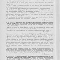 0042 - Page 38 - Analyses. 10k. — Epithéliomas. R. Niebel. — Das wachstum eines basalioms (La croissance d'un épithélioma baso-cellulaire). Zeitschrift für krebsforschung, 22 août 1942 / F. John. — Ueber carcinom und nervensystem der haut (Cancer et système nerveux cutané). Archiv für dermatologie und syphilis, 20 avril 1940 / R. W. Nilssen. — Hautkrebs nach chronischen entzündlichen krankheiten. Bericht über 11 falle (Cancer de la peau à la suite d'inflammations chroniques. Études de 11 cas). Acta Dermato-Venereologica, septembre 1941 / B. Russell et H. Klaber. — Two cases of multiple arsenical cutaneous carcinomata (Deux cas de cancers cutanés multiples arsenicaux). Proc. of the royal society of medicine (Section of dermatology) / H. Hüllstrung. — Subepidermoidales erysipelähnliches mammakarzinom mit post operativem autreten eines panzerkrebses (Cancer érysipéloïde sous-épidermique du sein ; développement post-opératoire d'un cancer en cuirasse). Dermatologische Wochenschrift, 7 novembre 1942