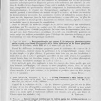 0043 - Page 39 - Analyses. 10k. — Epithéliomas. H. Hüllstrung. — Subepidermoidales erysipelähnliches mammakarzinom mit post operativem autreten eines panzerkrebses (Cancer érysipéloïde sous-épidermique du sein ; développement post-opératoire d'un cancer en cuirasse). Dermatologische Wochenschrift, 7 novembre 1942 / H. Rouvillois, L. Bazy et R. Huguenin. — Une étape de la lutte anticancéreuse. L'organisation du service de dépistage et de prophylaxie des tumeurs de la S. N. C. F. (1er avril 1941). La presse medicale, 11 septembre 1943 / J. Coste. — Roentgenthérapie par rayons X de moyenne pénétration (Une seule séance sans filtre) des cancers de la lèvre inférieure et de leurs ganglions. Gazette des hôpitaux, 15 mars 1945 / J. Derr. — X-Ray treatment of skin cancer (Radio-thérapie du cancer de la peau). The urologic and cutaneous review, mai 1945 / E. Wallon. — Cancer cutané stérilisé par le radiun après des délais anormaux. La presse médicale, 3 mars 1945